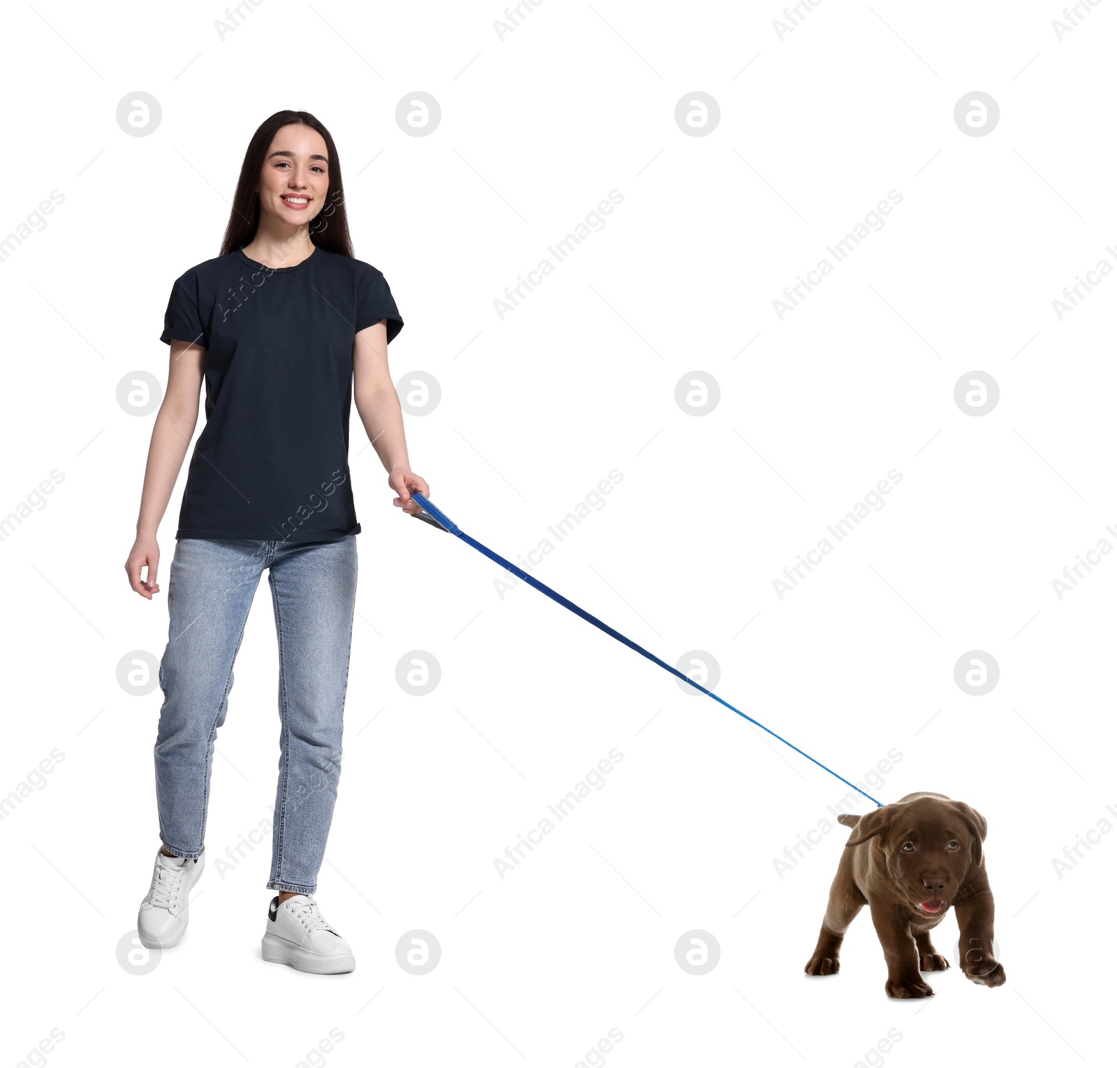 Image of Young woman walking her dog on white background