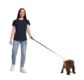 Image of Young woman walking her dog on white background