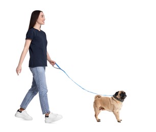 Image of Young woman walking her dog on white background