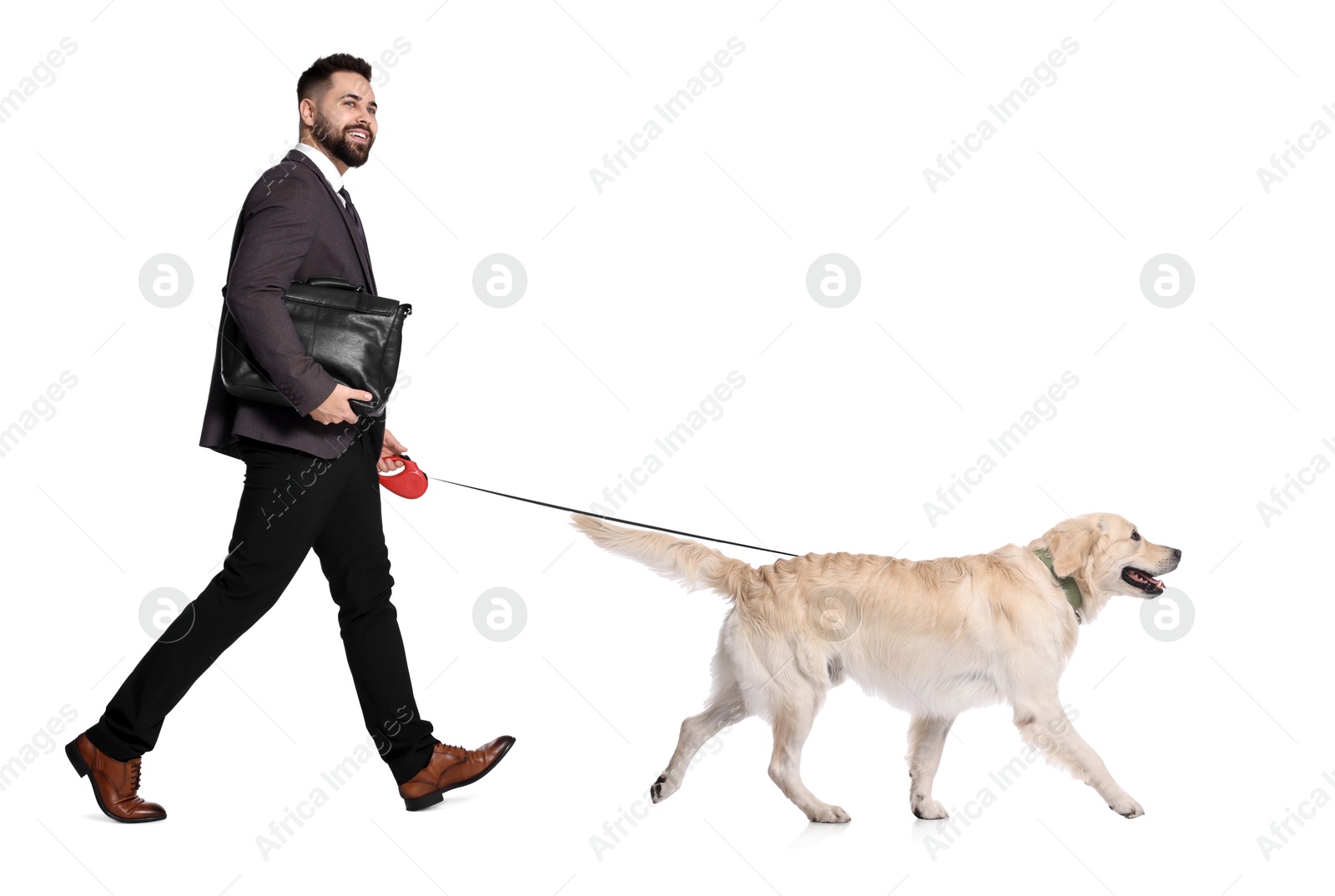 Image of Young man walking his dog on white background