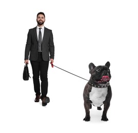 Image of Young man walking his dog on white background