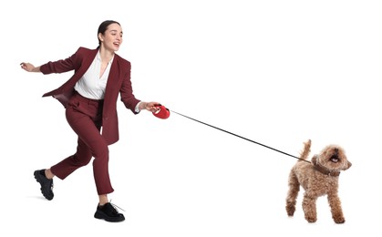 Image of Young woman walking her dog on white background