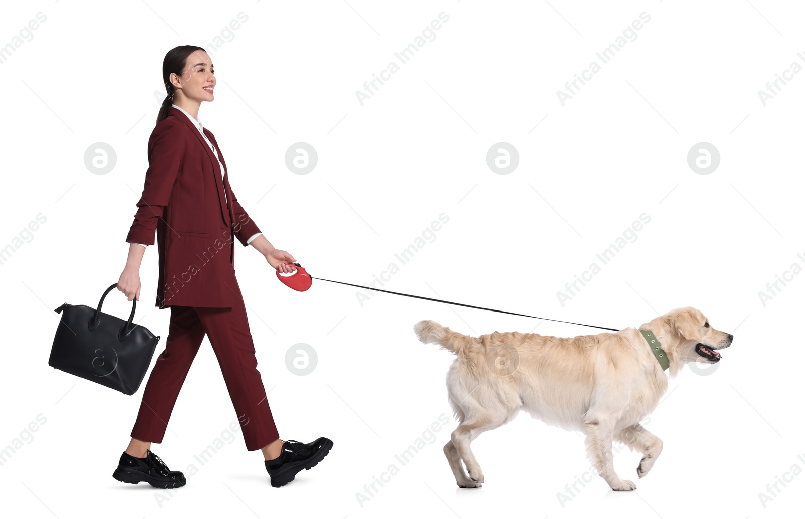 Image of Young woman walking her dog on white background