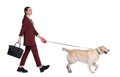 Image of Young woman walking her dog on white background