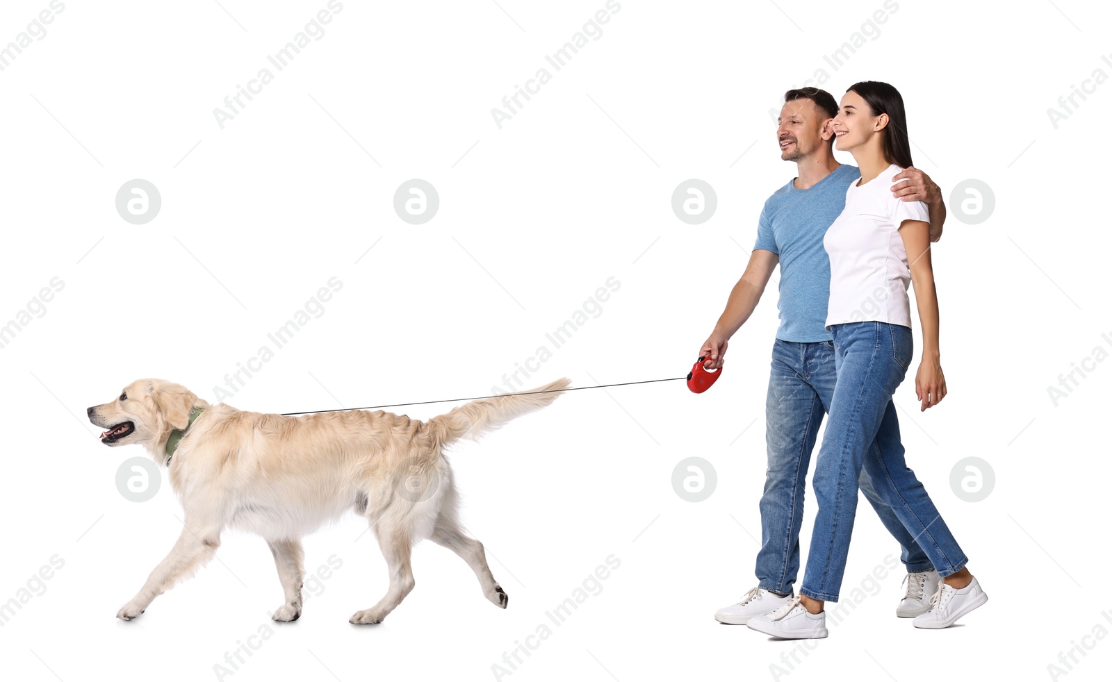 Image of Couple walking their dog on white background