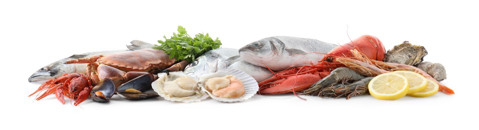 Many different sea food, parsley and lemon isolated on white