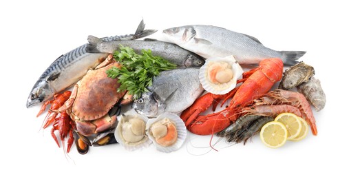 Many different sea food, parsley and lemon isolated on white, above view