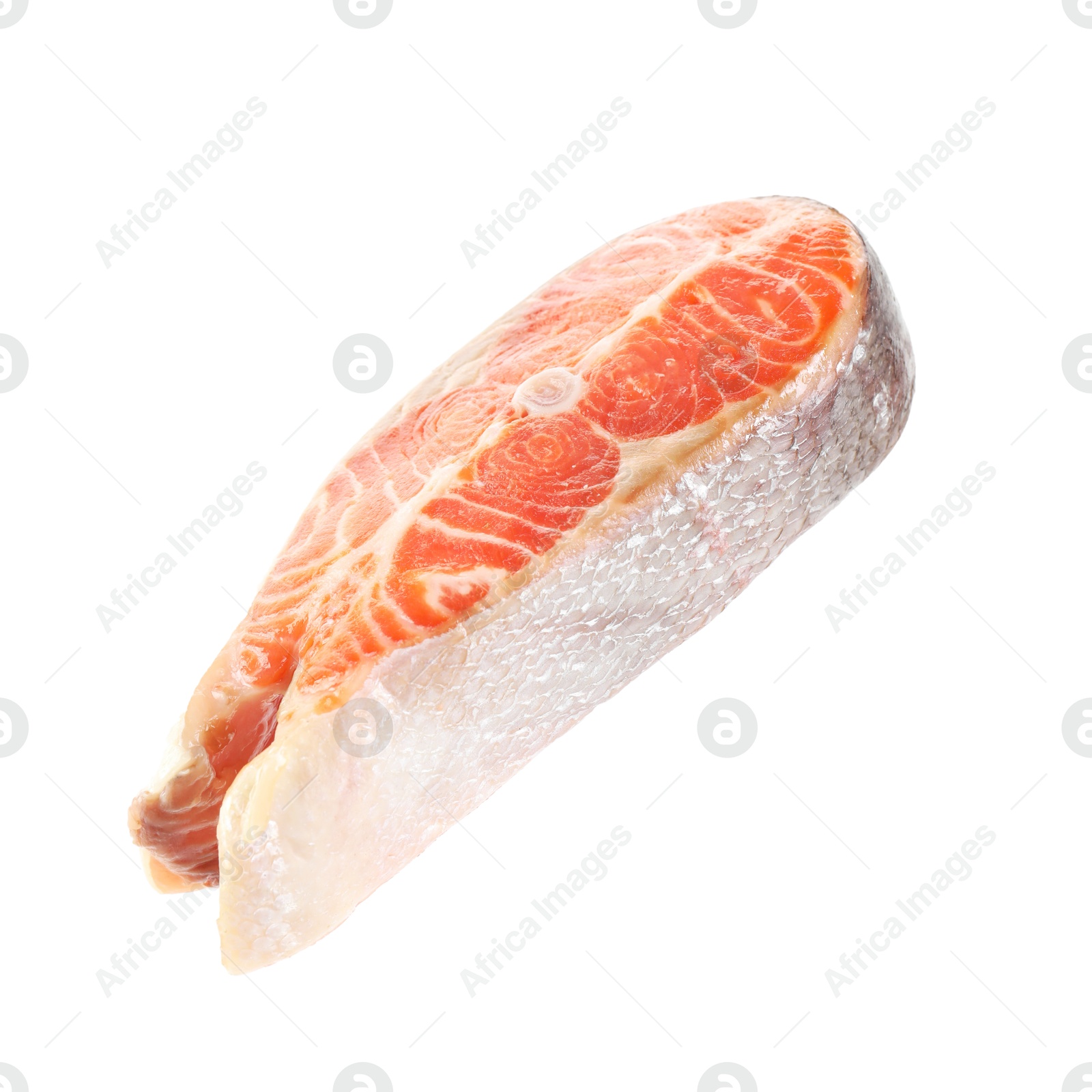 Photo of One fresh raw salmon steak isolated on white. Sea food