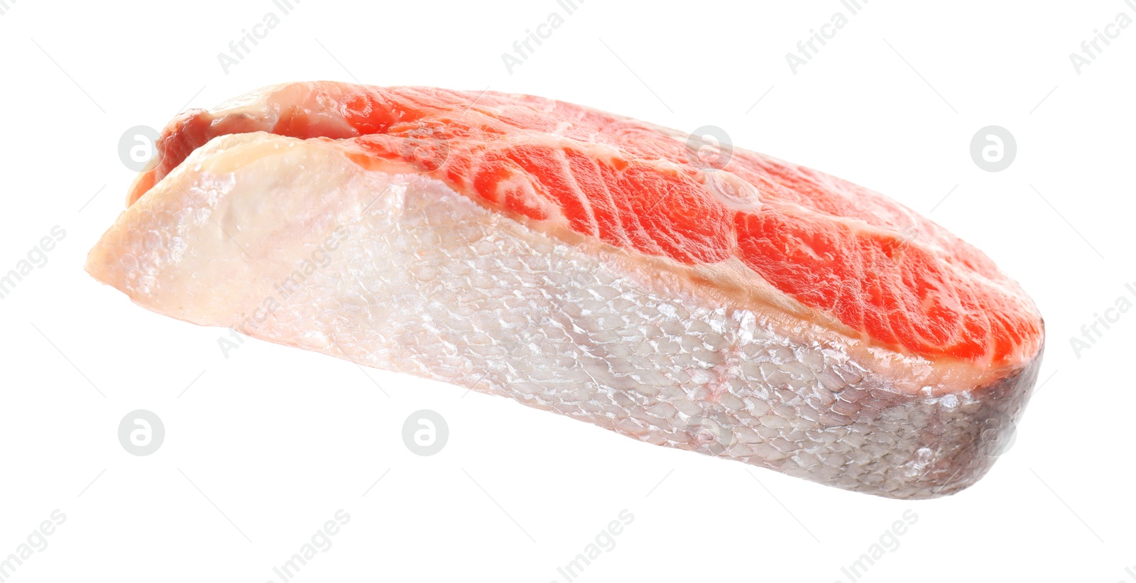 Photo of One fresh raw salmon steak isolated on white. Sea food