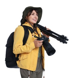 Photographer with backpack, camera and other professional equipment on white background