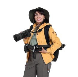 Photo of Photographer with backpack, camera and other professional equipment on white background