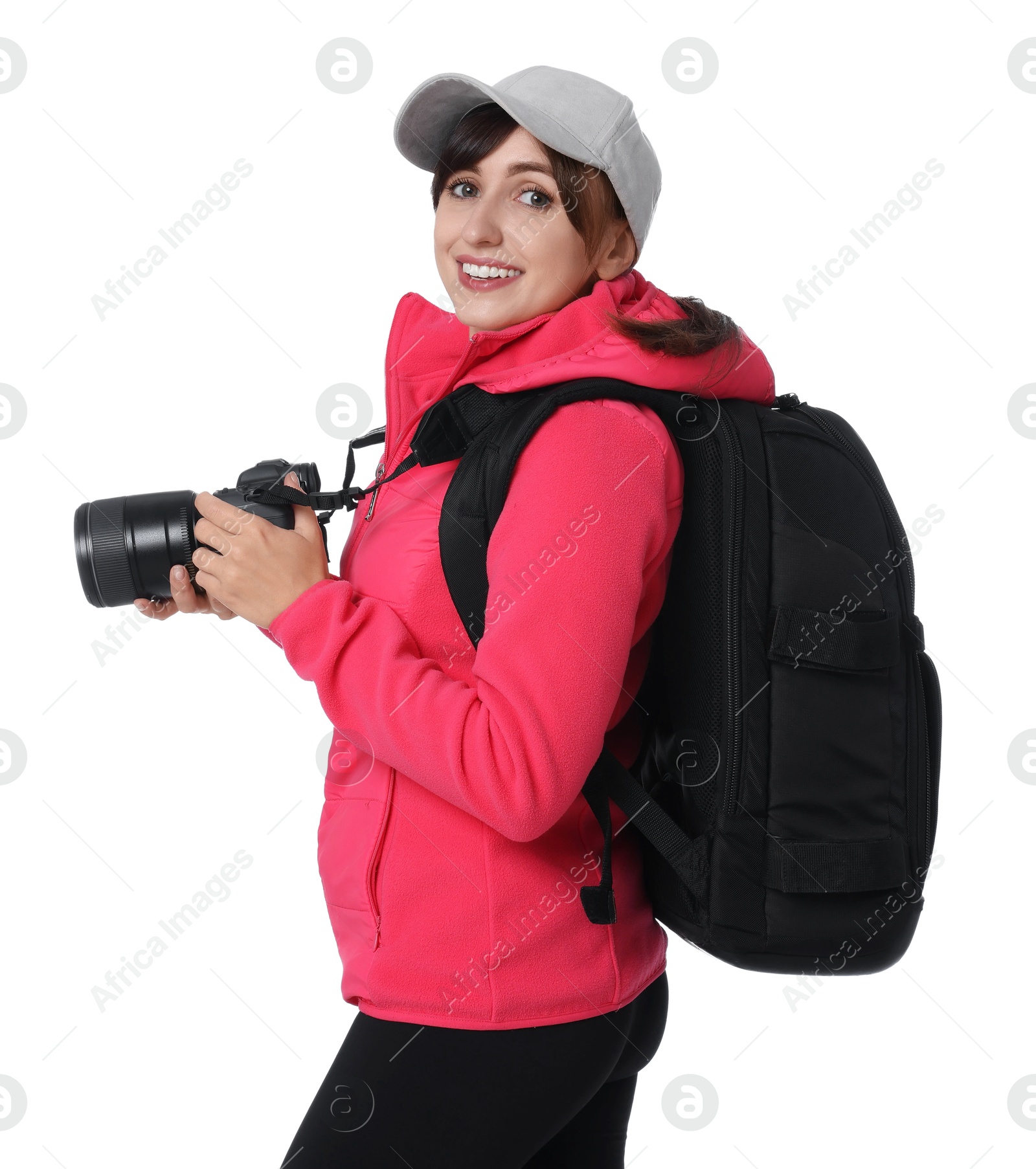 Photo of Photographer with backpack and camera on white background