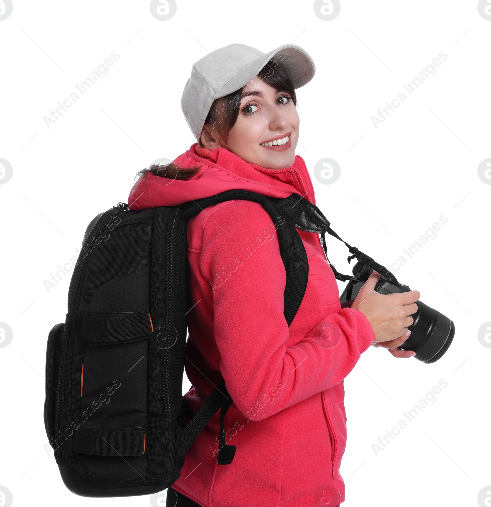 Photo of Photographer with backpack and camera on white background