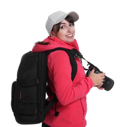 Photo of Photographer with backpack and camera on white background