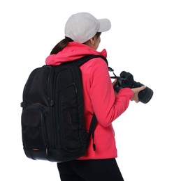 Photographer with backpack and camera on white background