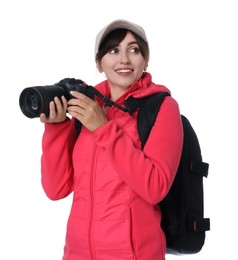 Photo of Photographer with backpack and camera on white background