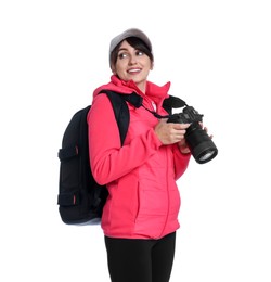 Photographer with backpack and camera on white background