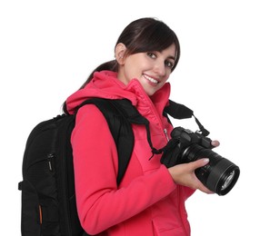 Photo of Photographer with backpack and camera on white background