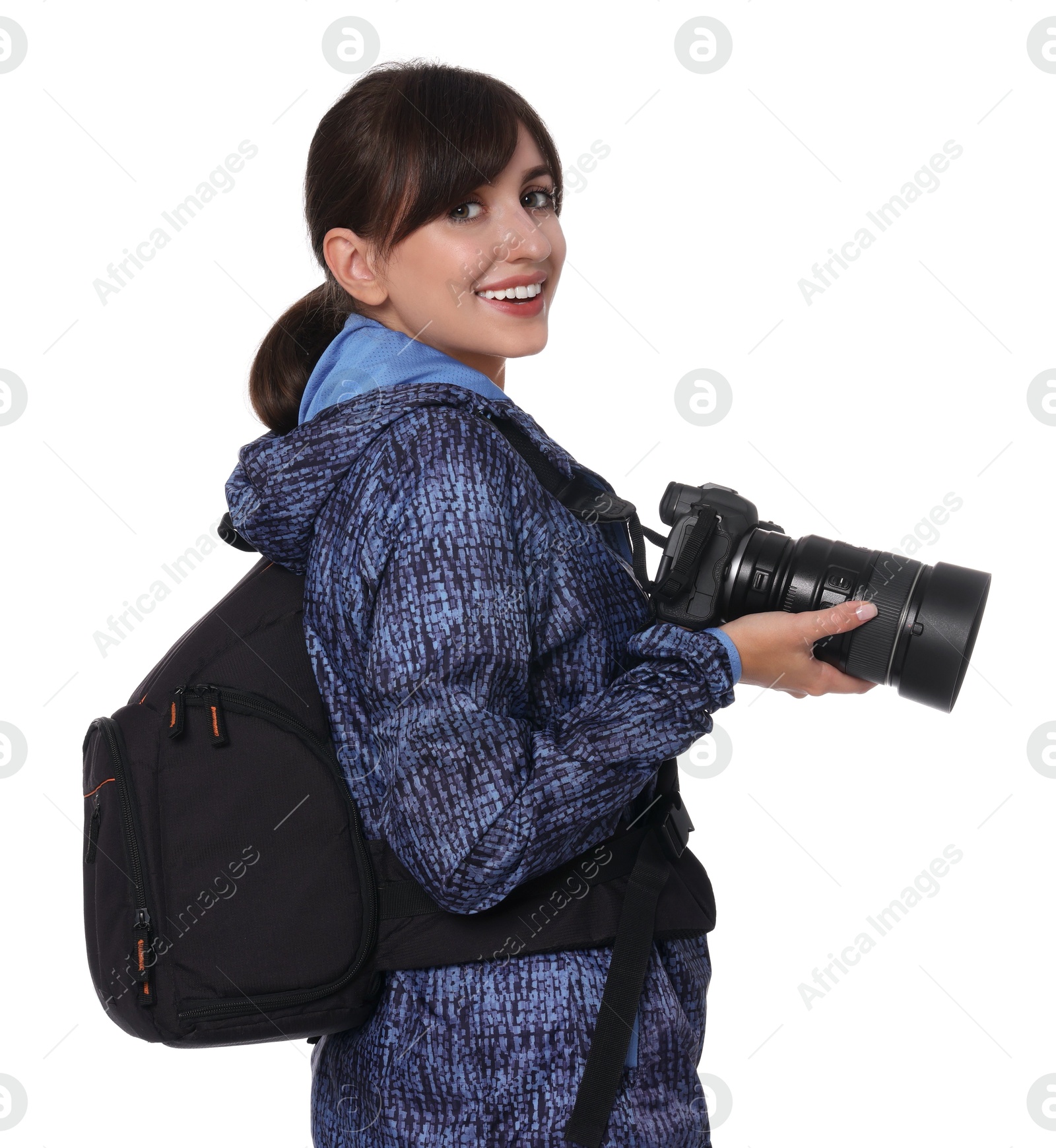 Photo of Photographer with backpack and camera on white background