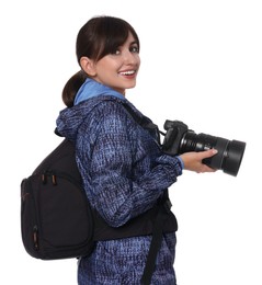 Photographer with backpack and camera on white background