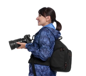 Photographer with backpack and camera on white background