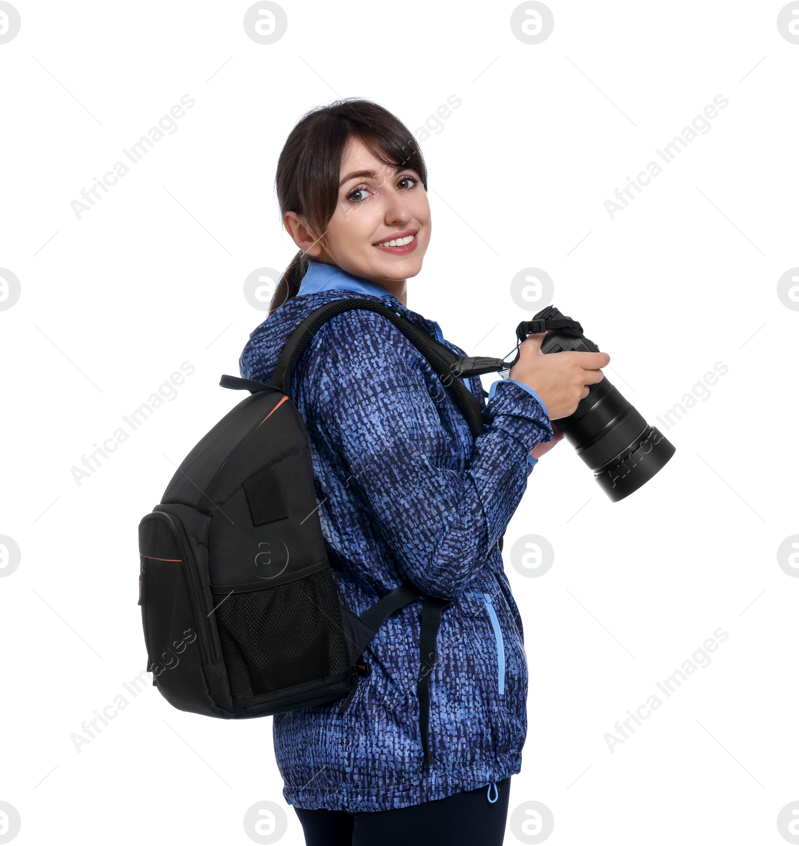 Photo of Photographer with backpack and camera on white background