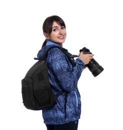 Photo of Photographer with backpack and camera on white background