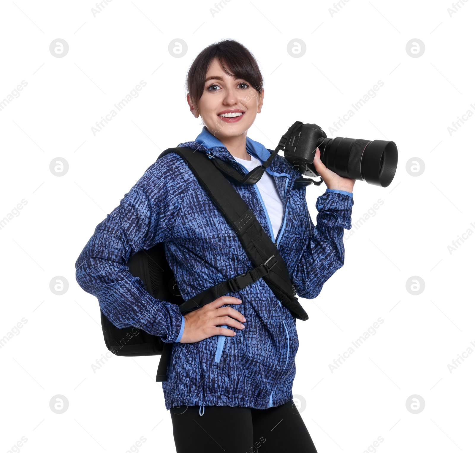 Photo of Photographer with backpack and camera on white background