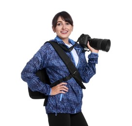 Photographer with backpack and camera on white background