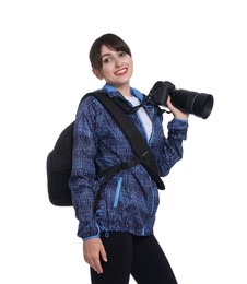 Photo of Photographer with backpack and camera on white background