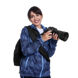 Photographer with backpack and camera on white background