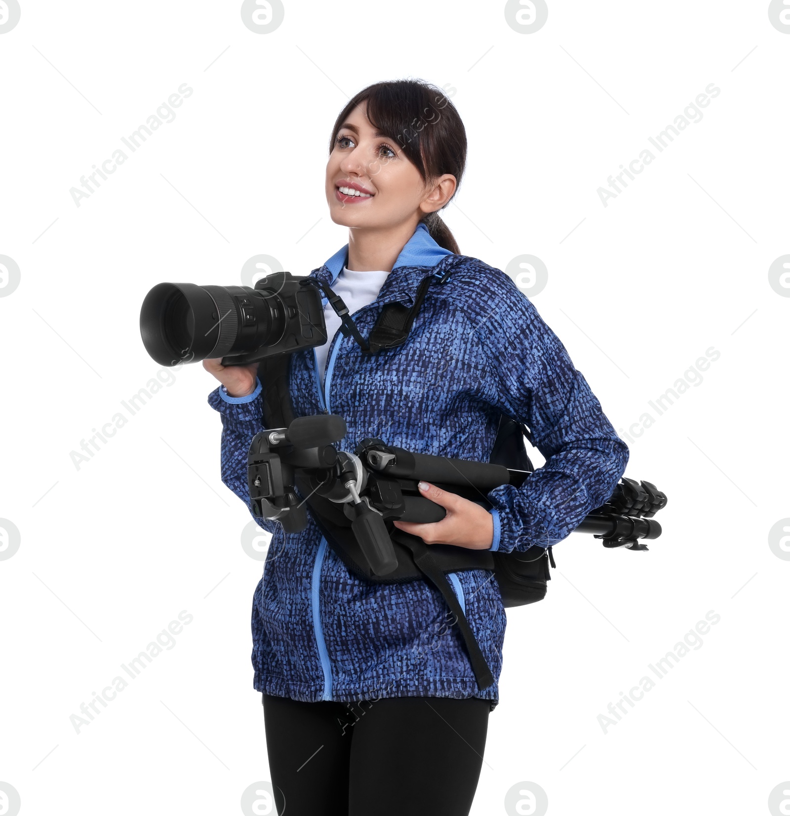 Photo of Photographer with backpack, camera and other professional equipment on white background