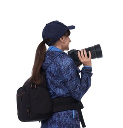 Photographer with backpack and camera on white background