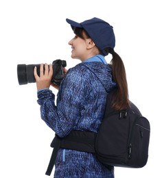 Photo of Photographer with backpack and camera on white background