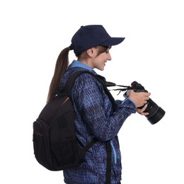 Photo of Photographer with backpack and camera on white background