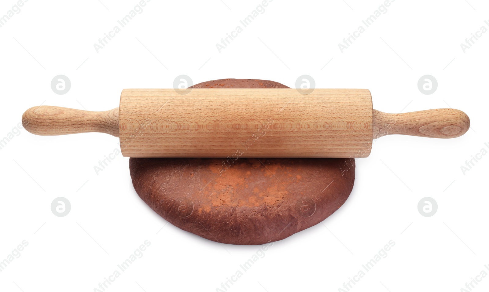 Photo of Chocolate dough and wooden rolling pin isolated on white