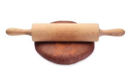 Photo of Chocolate dough and wooden rolling pin isolated on white