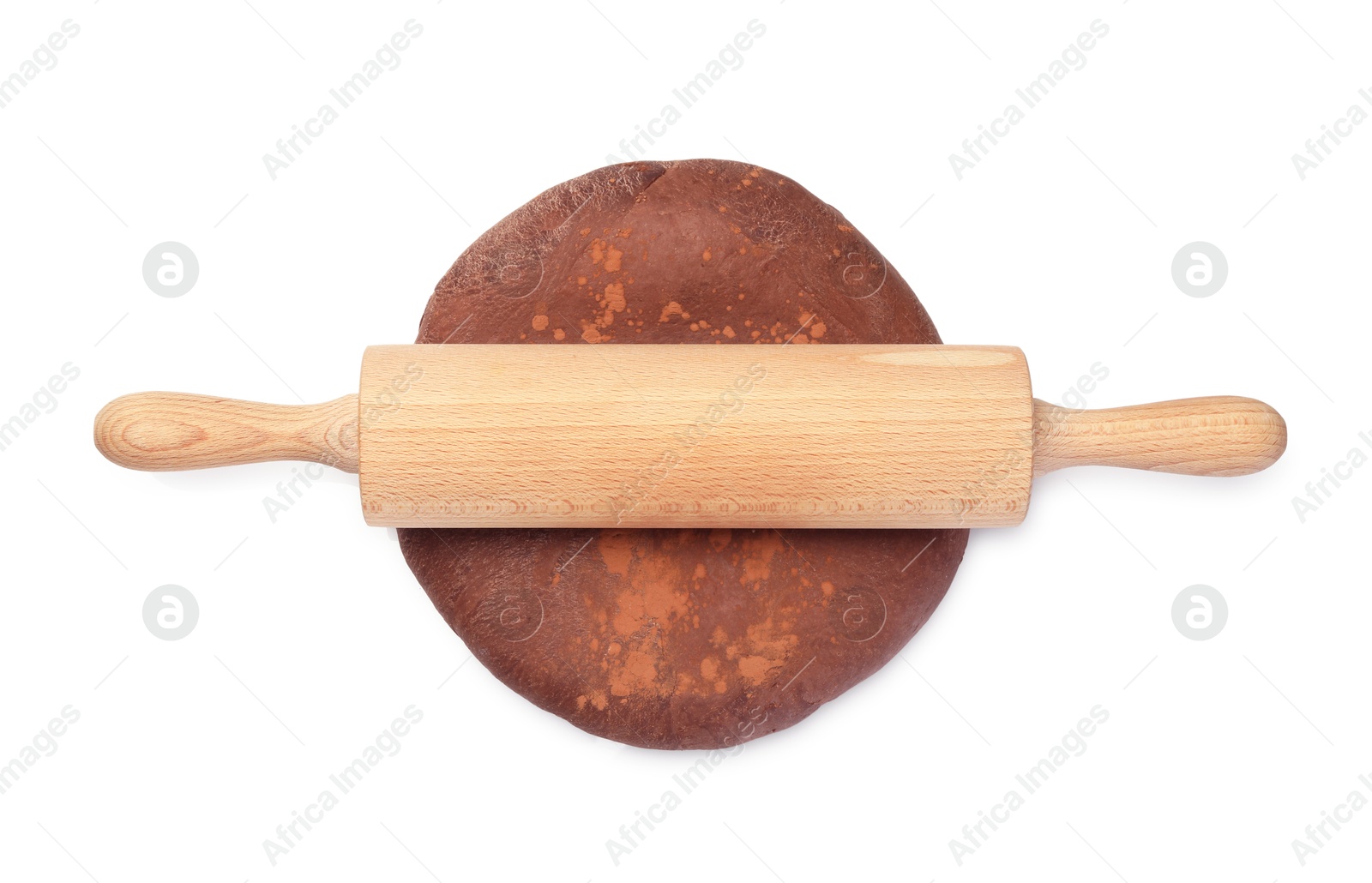 Photo of Chocolate dough and wooden rolling pin isolated on white, top view