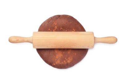 Photo of Chocolate dough and wooden rolling pin isolated on white, top view