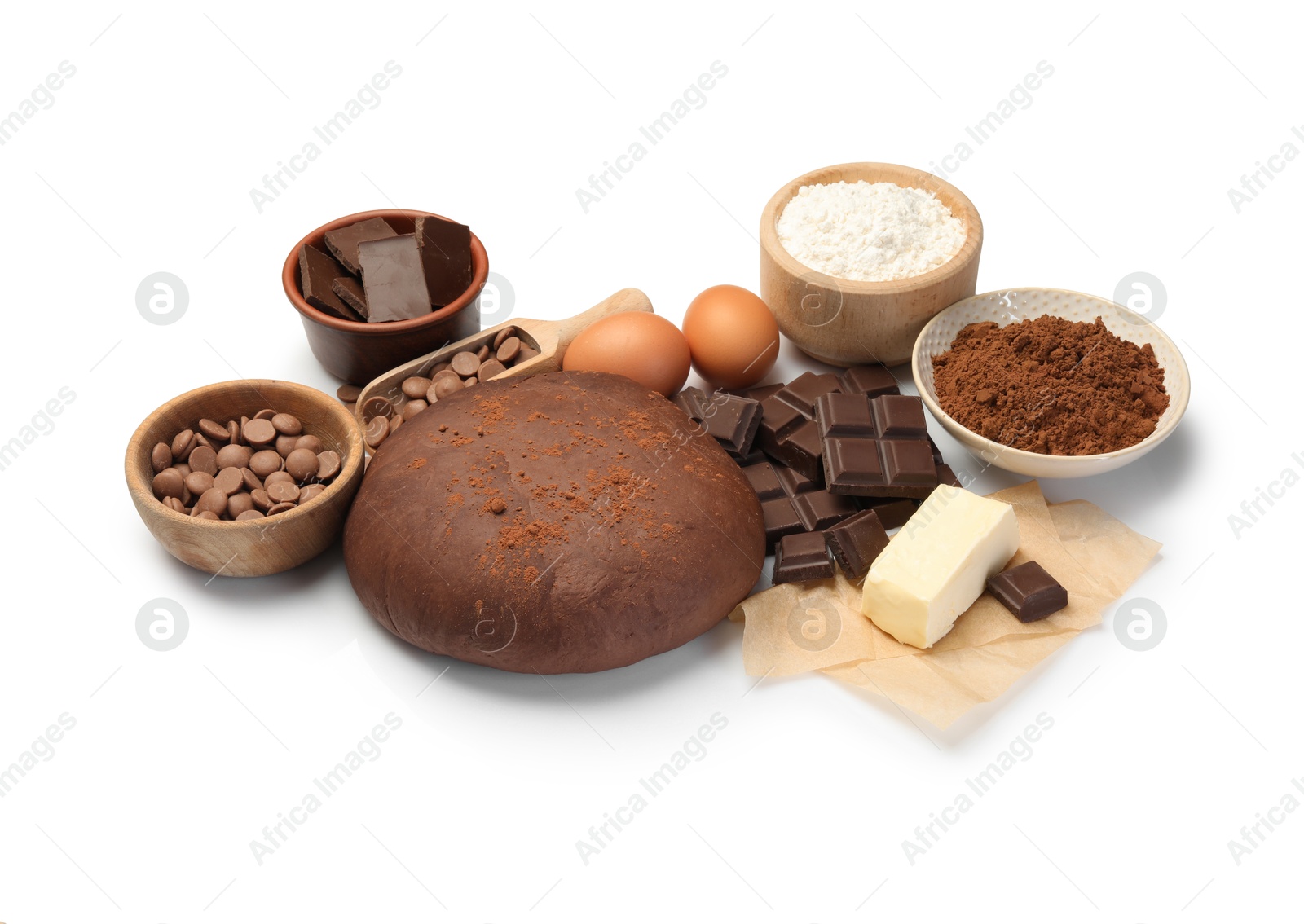 Photo of Chocolate dough and ingredients isolated on white