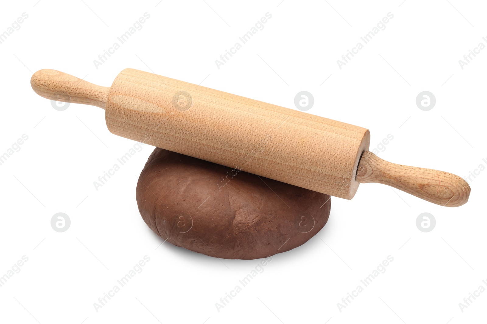 Photo of Chocolate dough and wooden rolling pin isolated on white