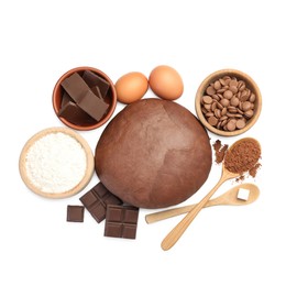 Photo of Chocolate dough and ingredients isolated on white, top view