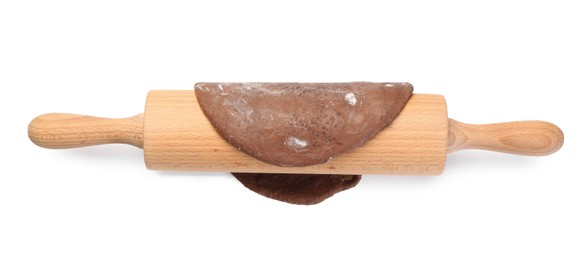 Photo of Chocolate dough and wooden rolling pin isolated on white, top view