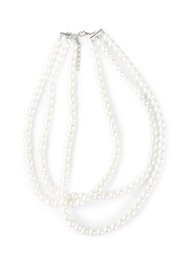 Photo of Beautiful bijouterie. Stylish necklace isolated on white, top view