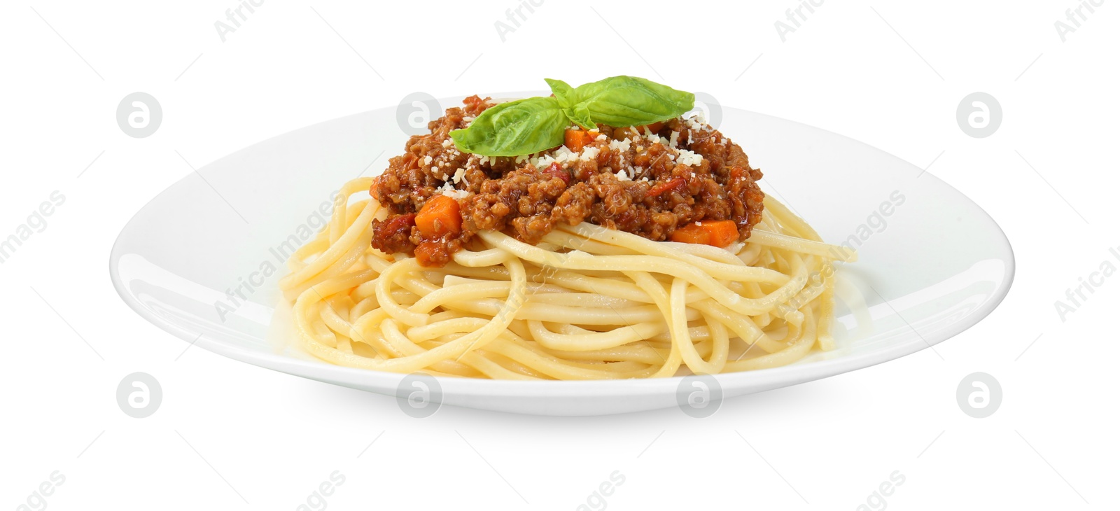 Photo of Plate with tasty pasta bolognese isolated on white