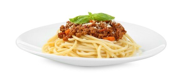 Photo of Plate with tasty pasta bolognese isolated on white