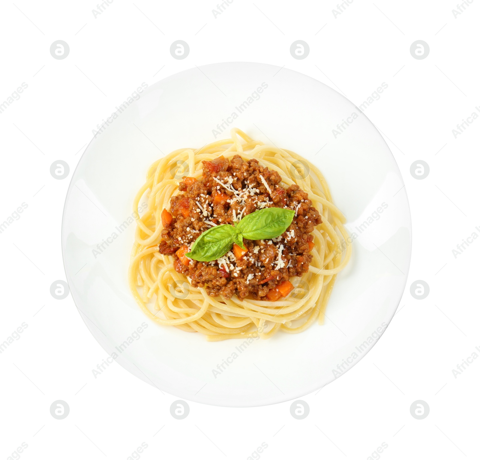 Photo of Plate with tasty pasta bolognese isolated on white, top view