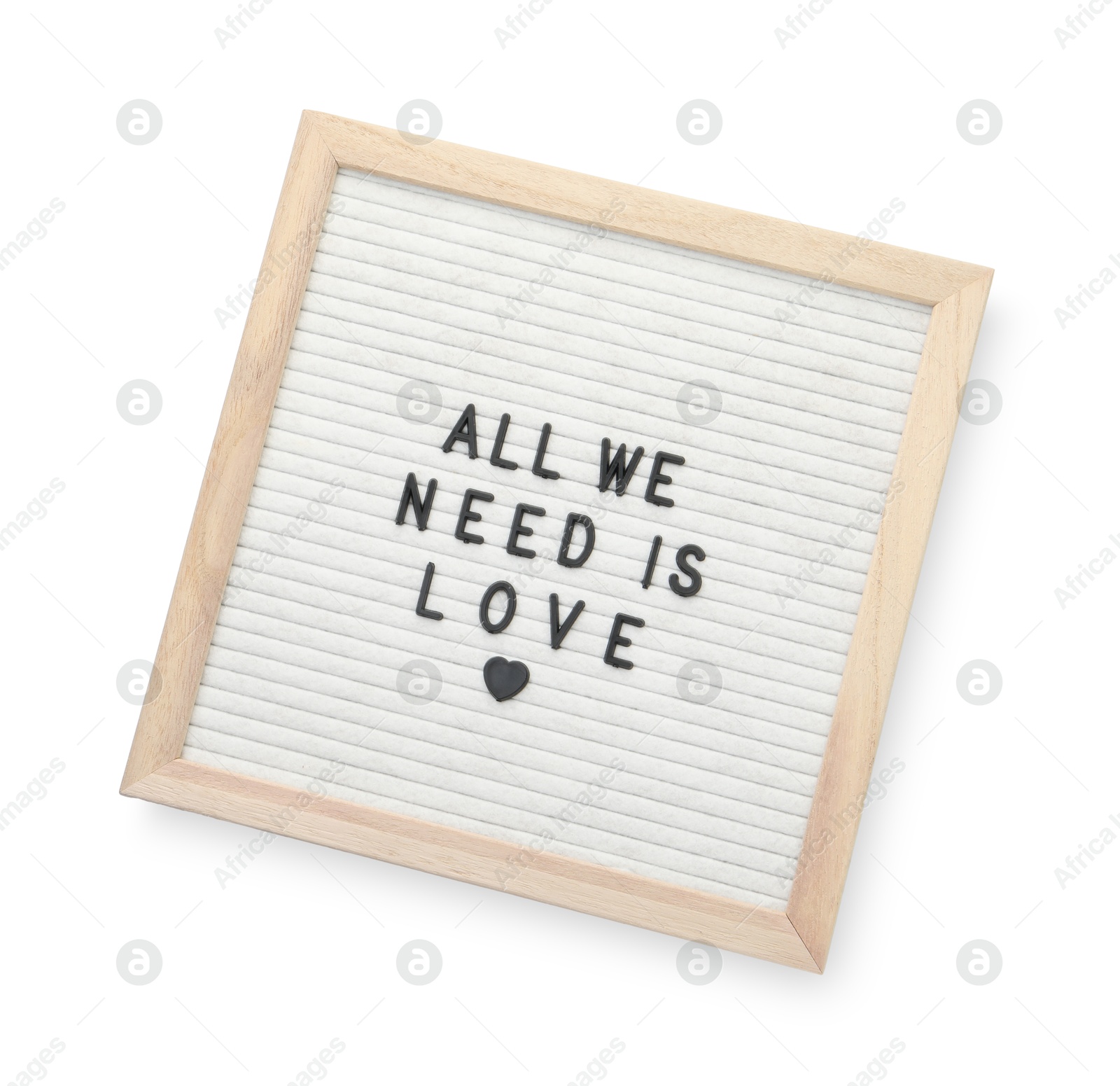 Photo of Letter board with phrase All we need is love on white background, top view