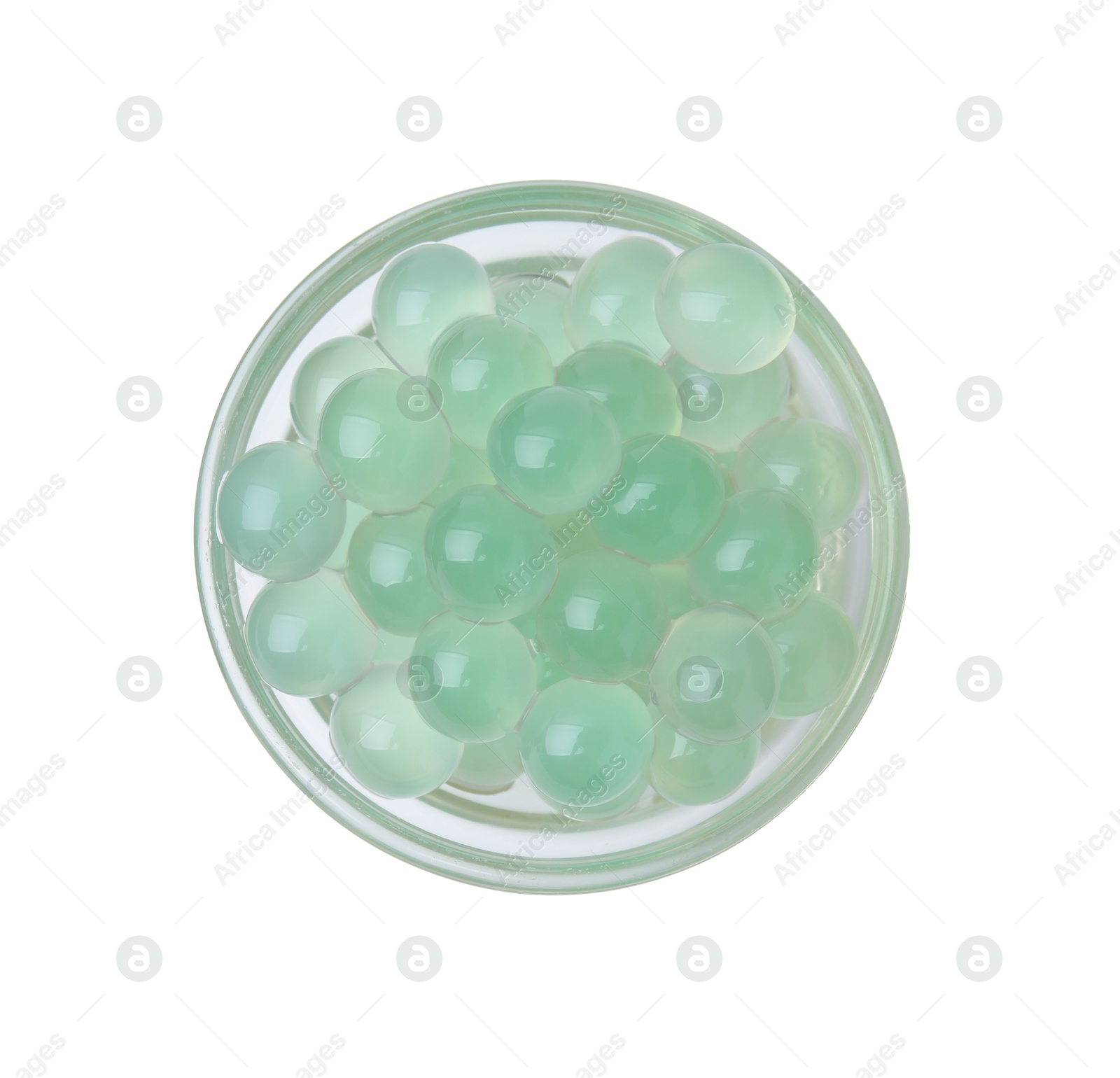 Photo of Bright tapioca pearls in bowl isolated on white, top view