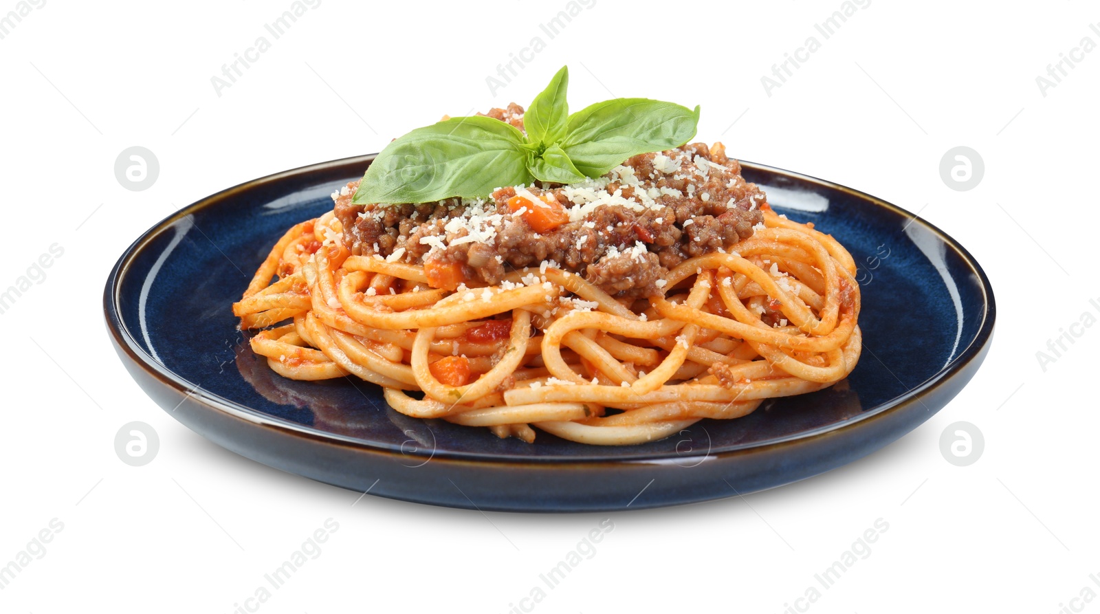 Photo of Delicious pasta bolognese with basil isolated on white